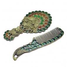 Vintage Handle Peacock Mirror Gift Box Comb Two  piece Portable Makeup Mirror  Bronze Peacock